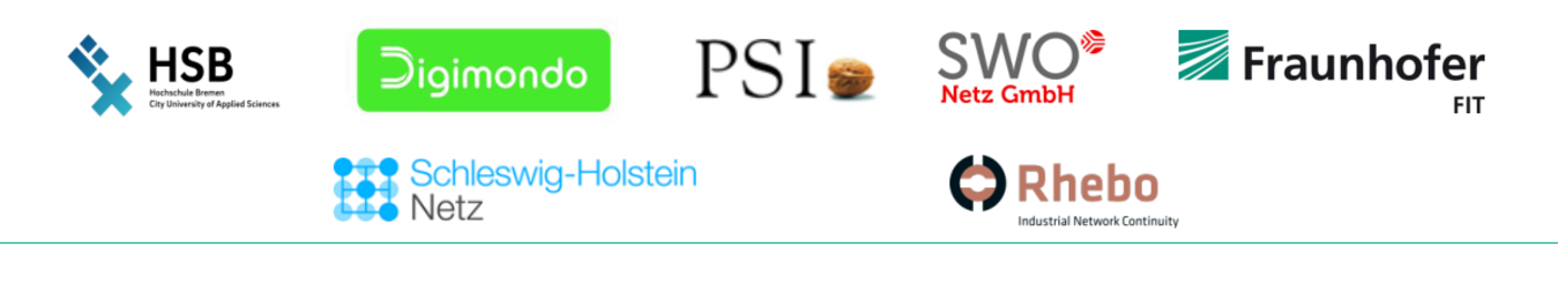Partnerlogos von Hochschule Bremen, Digimondo, PSI Software SE, SWO Netz, Fraunhofer FIT, Schleswig-Holstein Netz und Rhebo